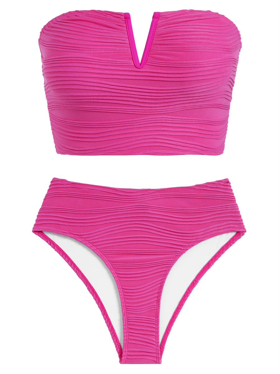 Womens Bandeau Bikini Sets Sexy Removable Shoulder Strap Two Piece Swimsuit High Cut Cute Ribbed Ladies Bathing Suit