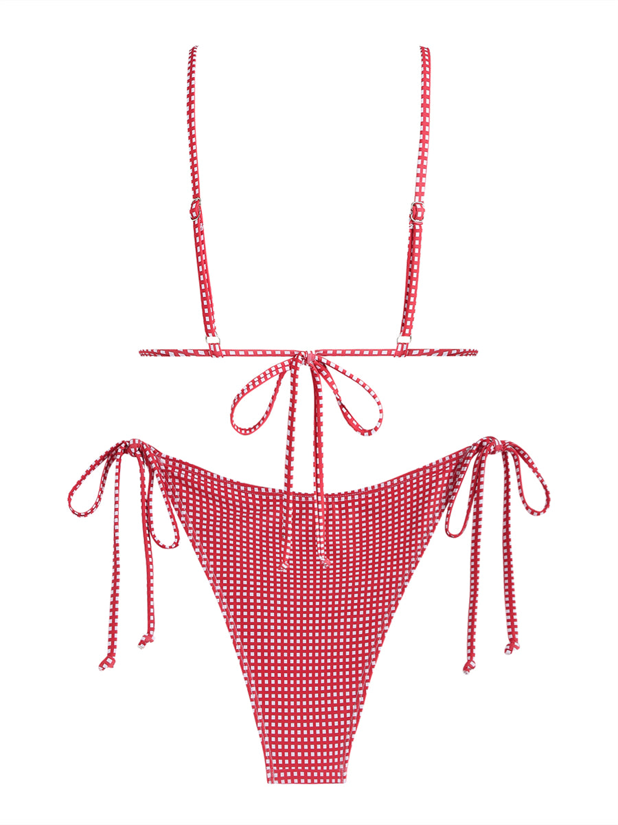ZAFUL Vintage Gingham Lace Trim Bowknot Decor Halter Triangle Tie Side Bikini Set