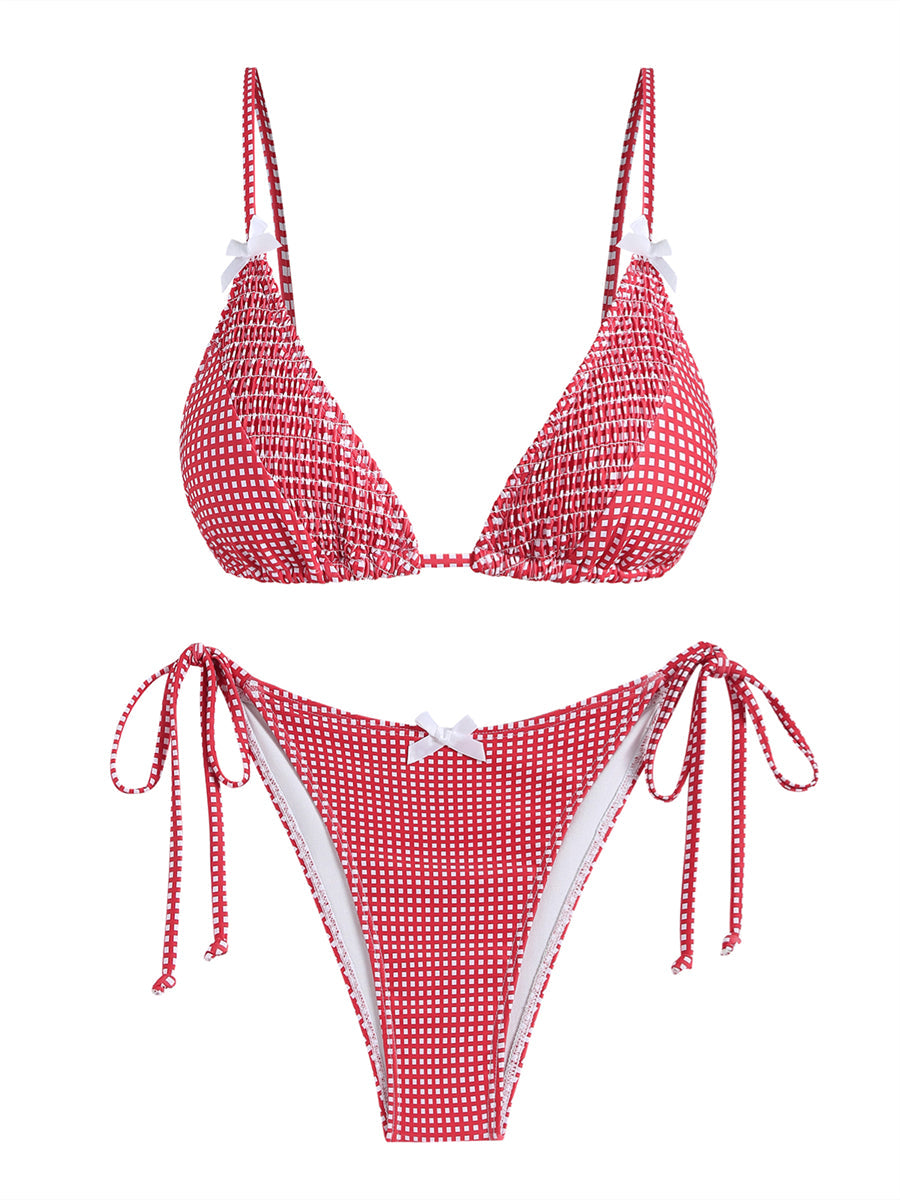 ZAFUL Vintage Gingham Lace Trim Bowknot Decor Halter Triangle Tie Side Bikini Set