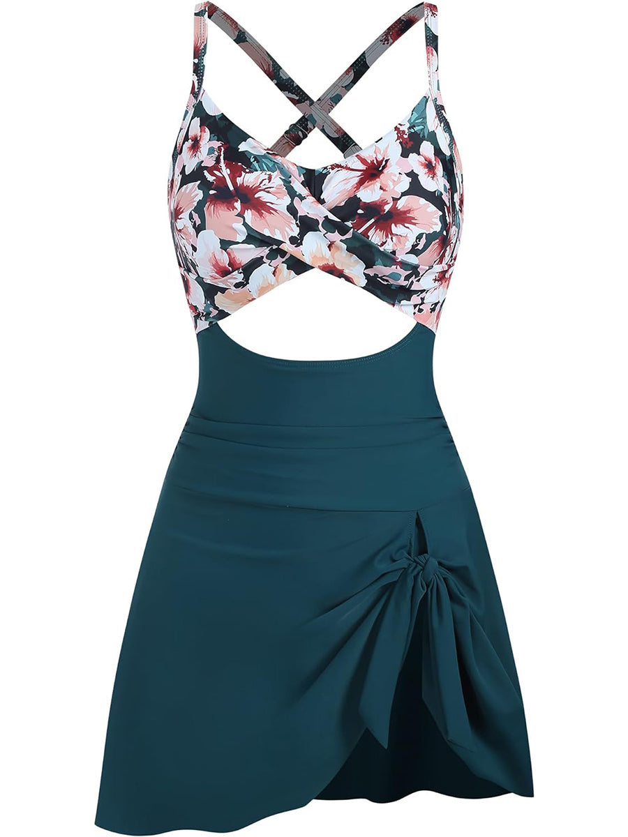 V Neck Cute Tie Knot Skirt Swimwear