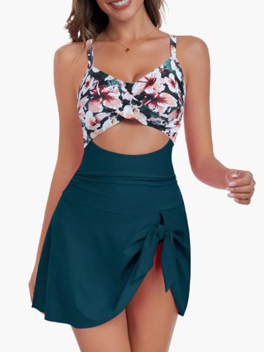 V Neck Cute Tie Knot Skirt Swimwear