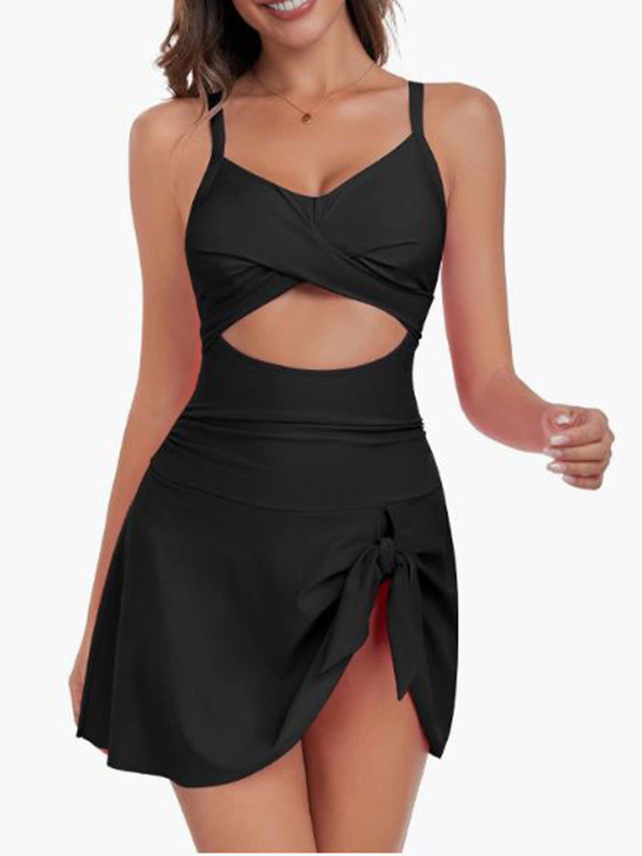 V Neck Cute Tie Knot Skirt Swimwear