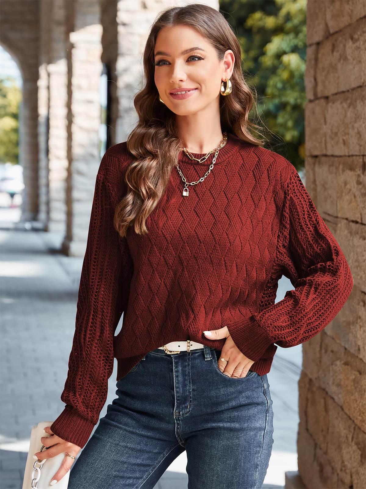 Crew Neck Long Sleeve Crochet Knit