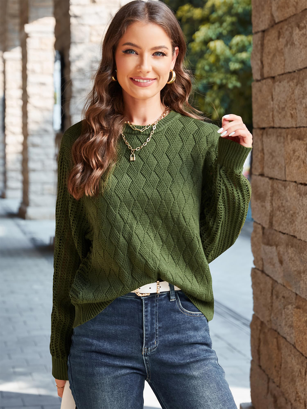 Crew Neck Long Sleeve Crochet Knit
