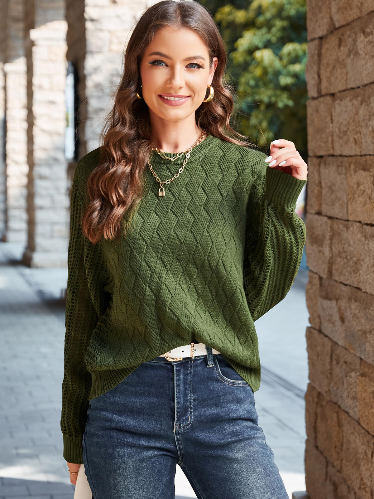 Crew Neck Long Sleeve Crochet Knit