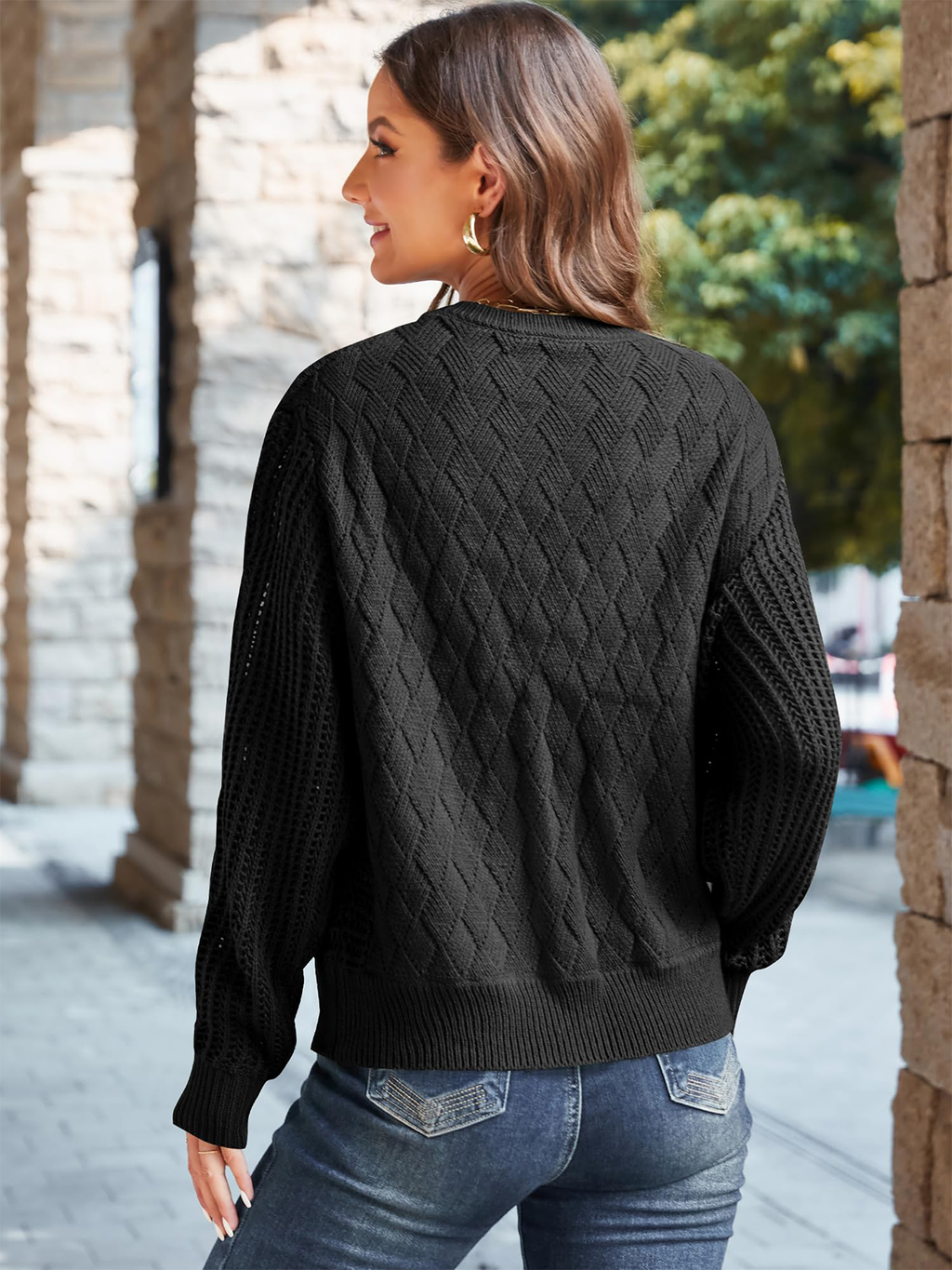 Crew Neck Long Sleeve Crochet Knit