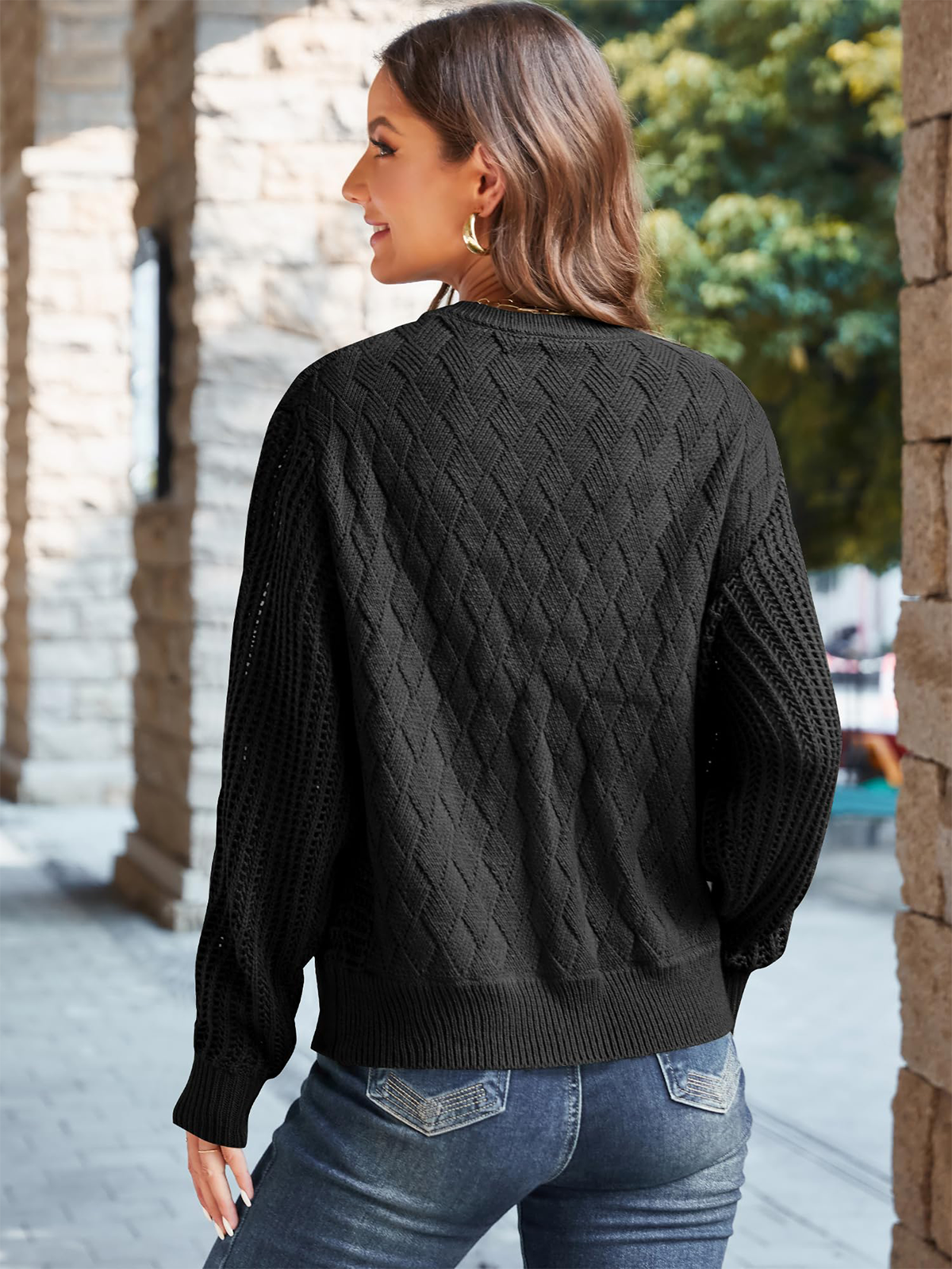 Crew Neck Long Sleeve Crochet Knit