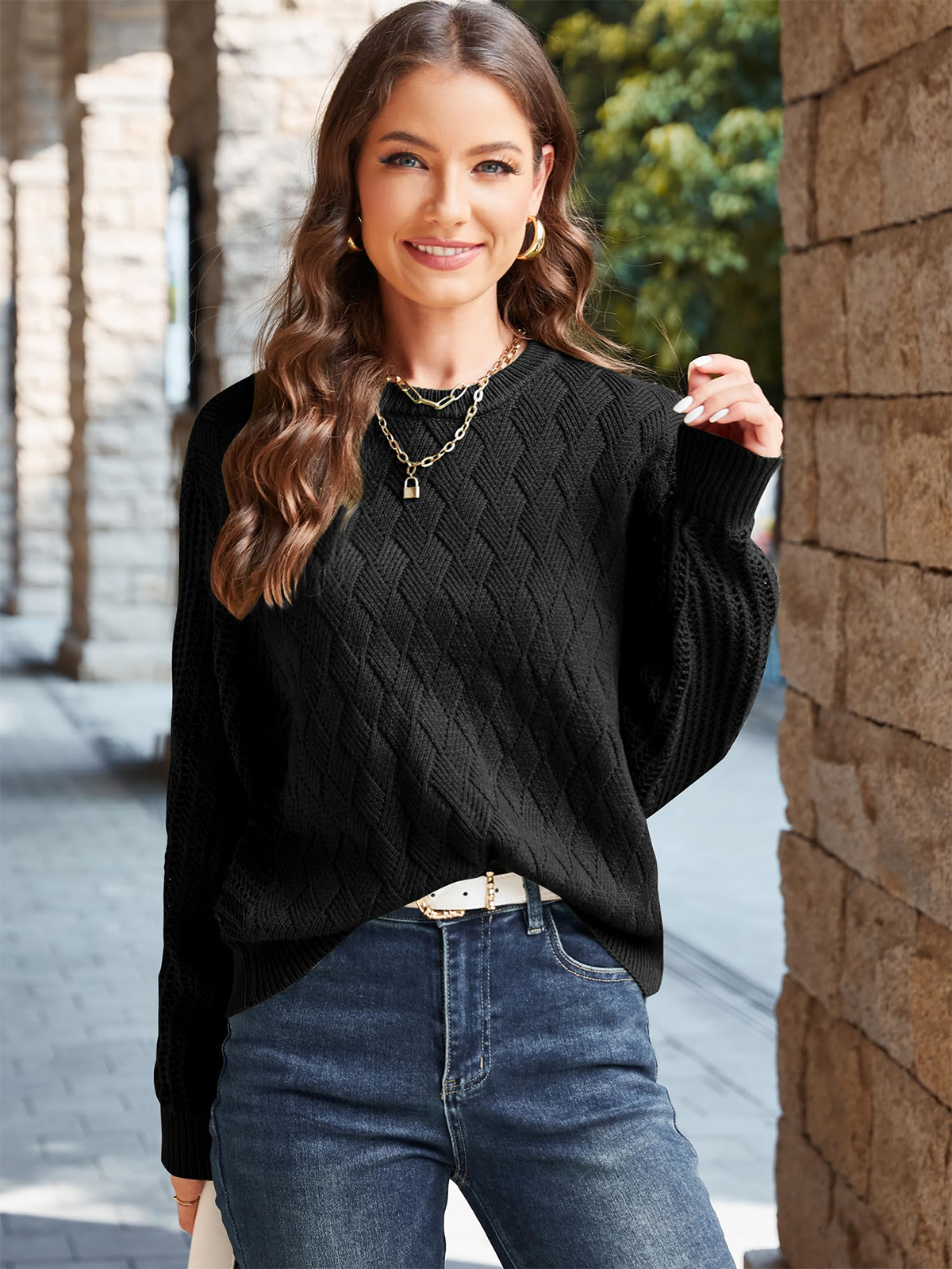 Crew Neck Long Sleeve Crochet Knit