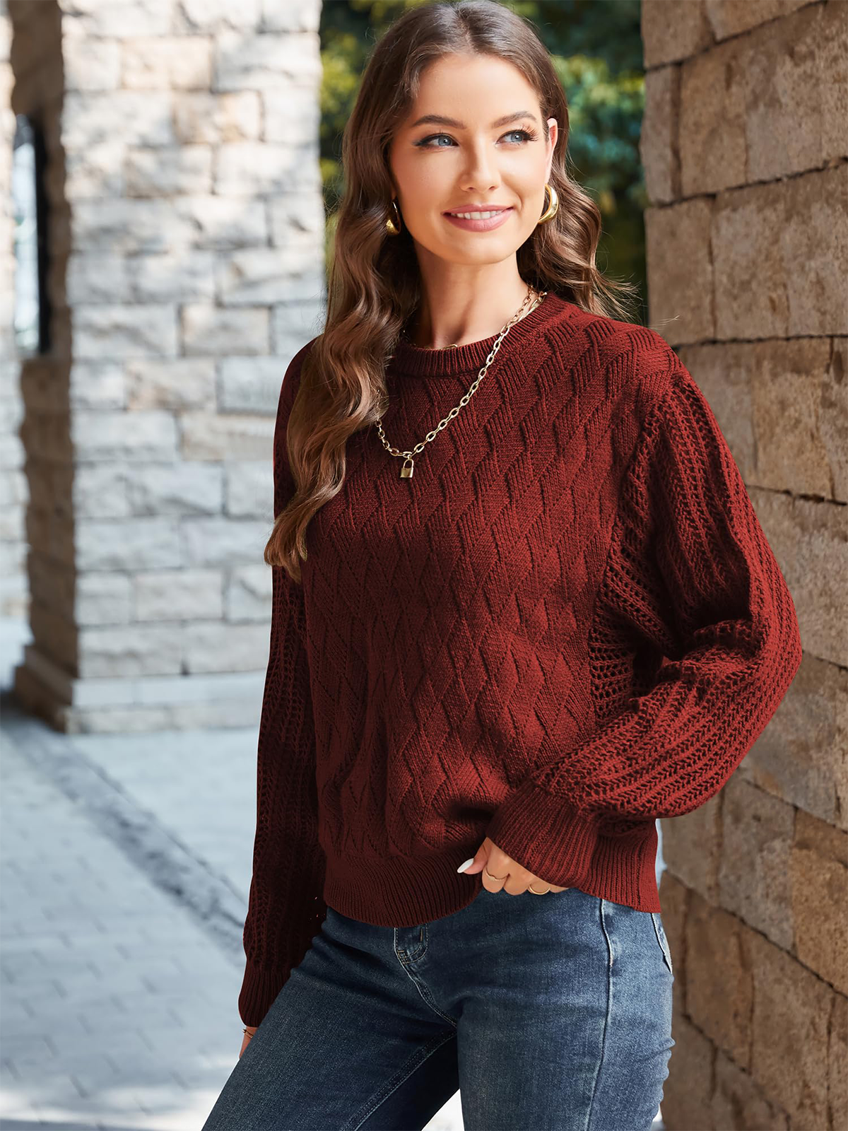 Crew Neck Long Sleeve Crochet Knit