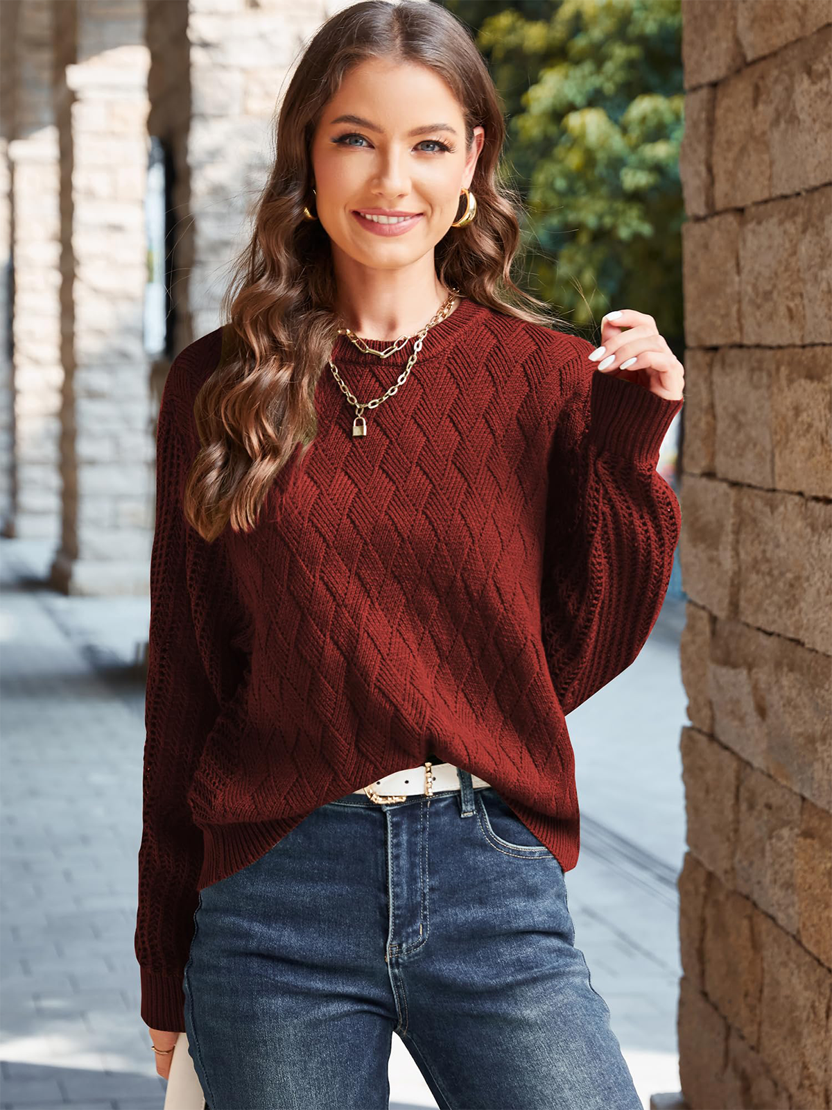 Crew Neck Long Sleeve Crochet Knit
