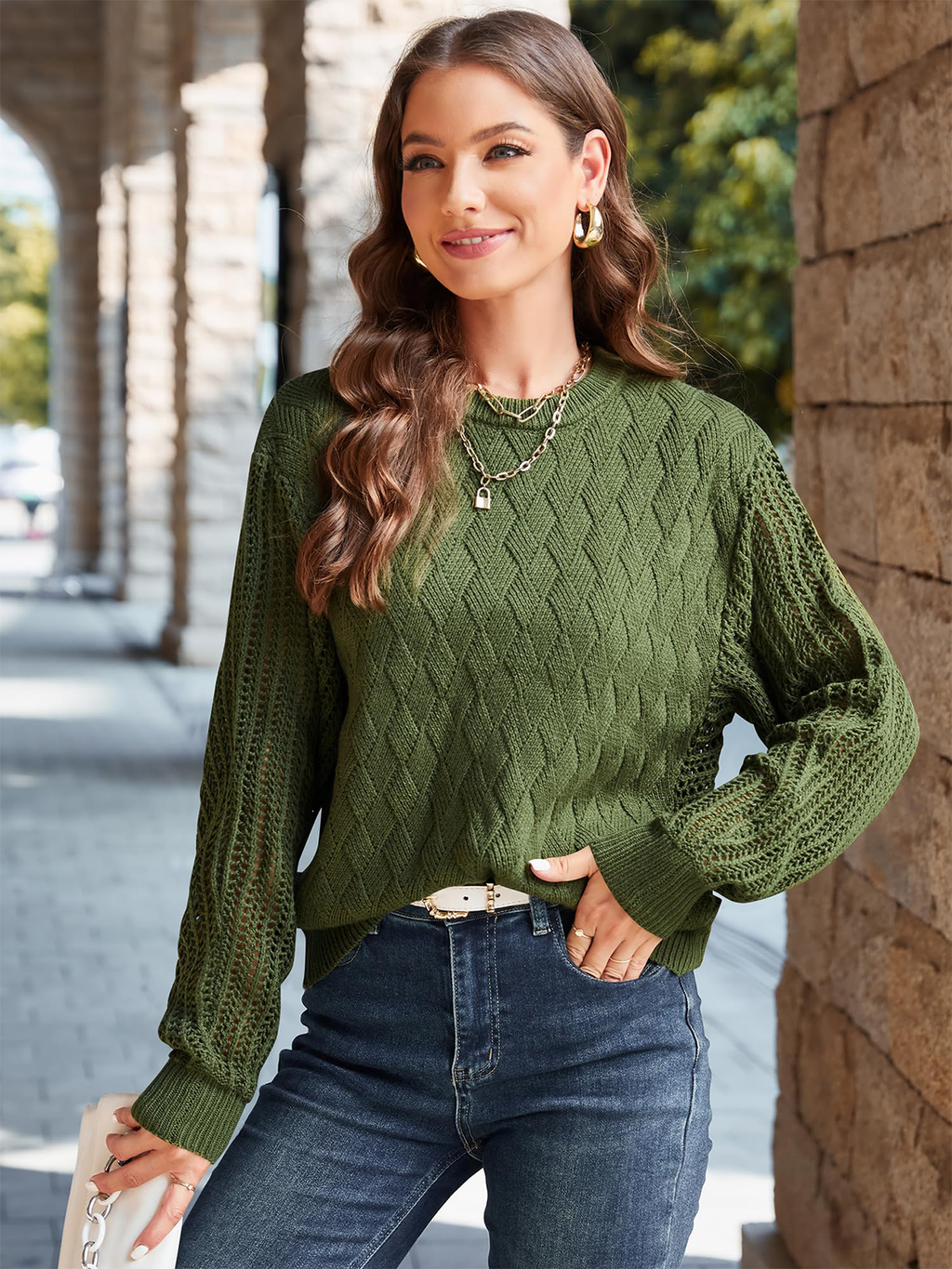 Crew Neck Long Sleeve Crochet Knit