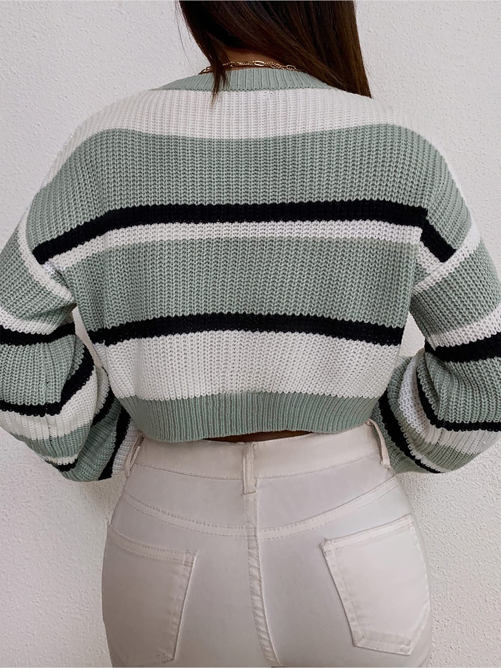 Colorblocked Striped Lantern Sleeve Pullover