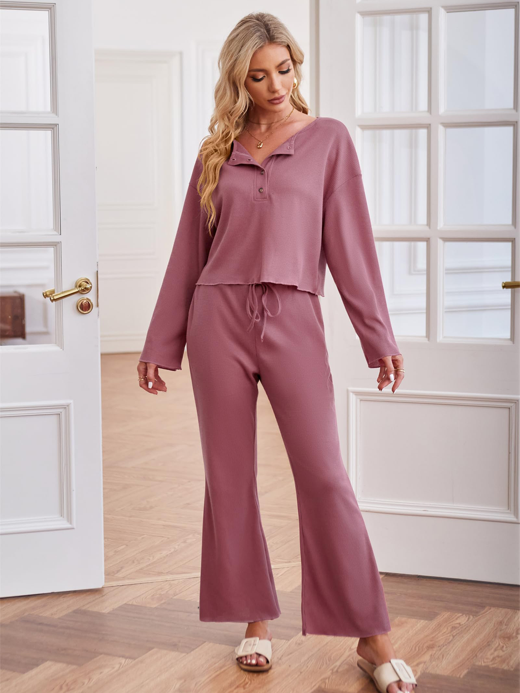 Waffle Knit Casual Long Sleeve Pajama Set