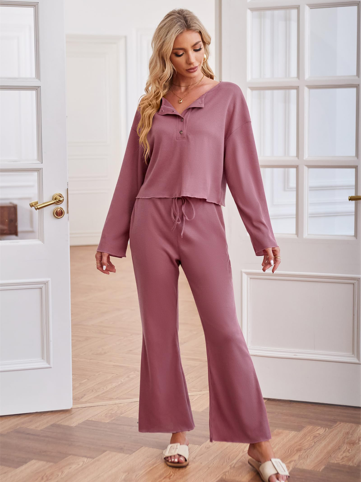 Waffle Knit Casual Long Sleeve Pajama Set