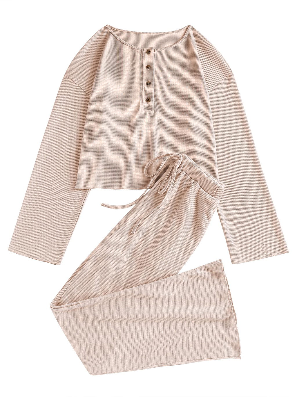 Waffle Knit Casual Long Sleeve Pajama Set