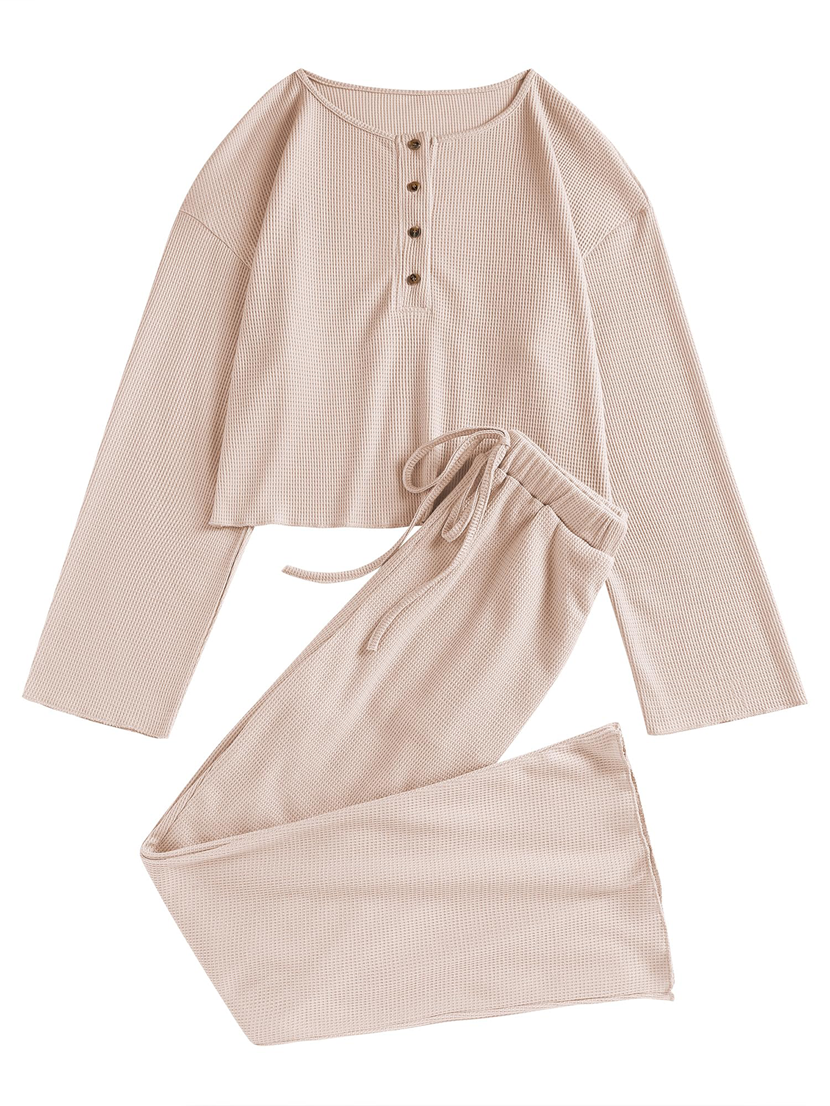Waffle Knit Casual Long Sleeve Pajama Set