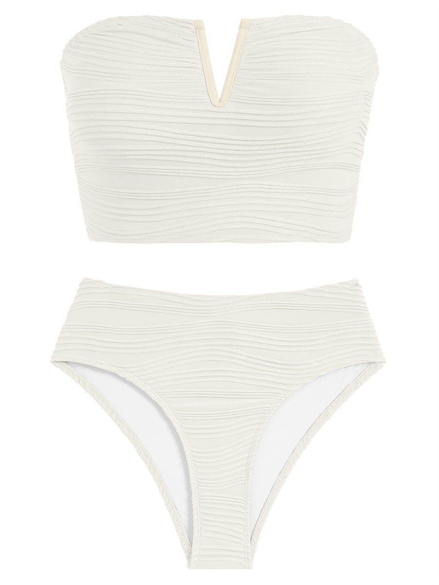 Womens Bandeau Bikini Sets Sexy Removable Shoulder Strap Two Piece Swimsuit High Cut Cute Ribbed Ladies Bathing Suit