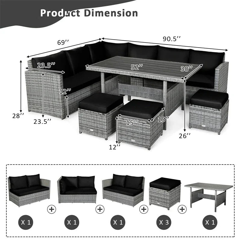 2026 7 Pcs Rattan Patio Dining Furniture Sectional Sofa Set with Dining Table, Ottomans & Cushions