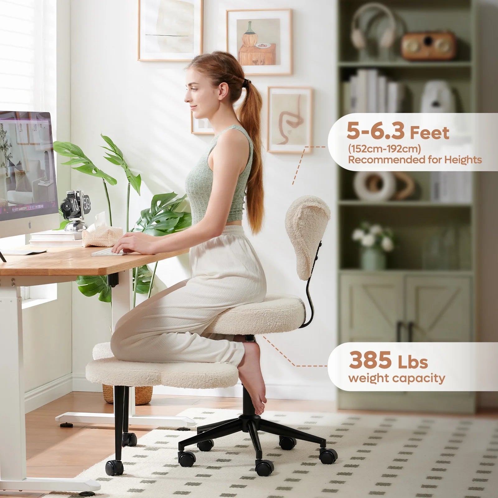 2026 Pinmoco Ergonomic Cross Legged Swivel Chair, Adjustable Height and Teddy Fabric, Meditation& ADHD Chair with Back Support, Home and Office, Off White