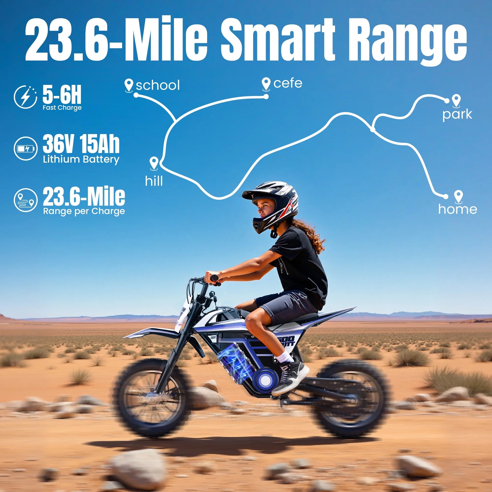 2026 QEASET electric dirt bike, 500W kids dirt bike for Boys Girls Age 8-14, Blue