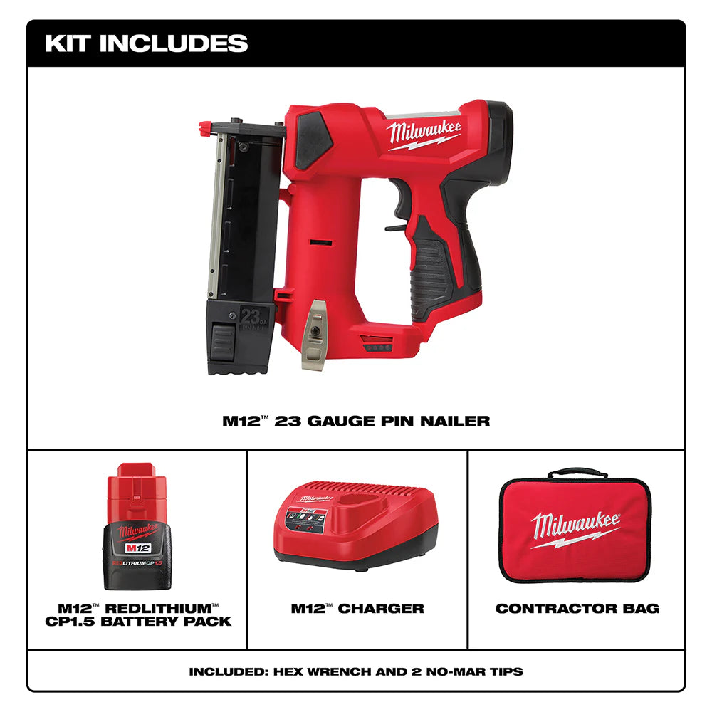 2026 Milwaukee 2540-21 M12 12V 23 Gauge Lightweight Compact Cordless Pin Nailer Kit