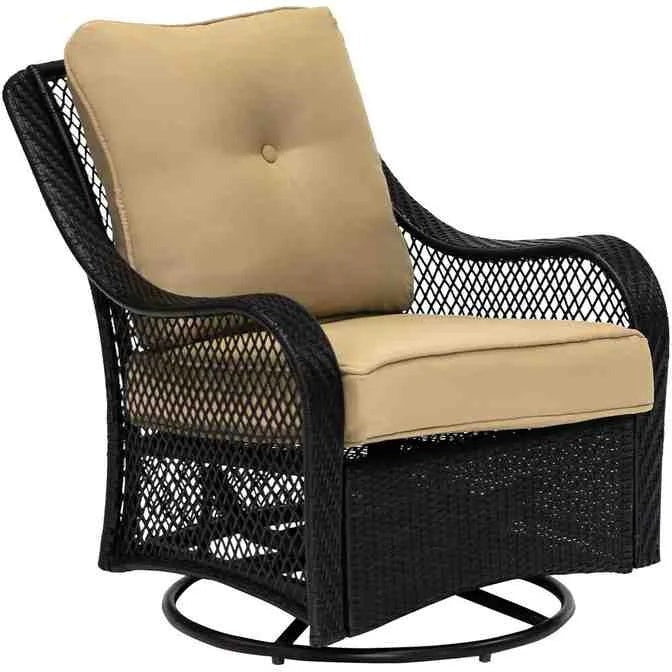 2026 2025 5-piece steel patio fire pit seating set with navy blue cushions, swivel gliders and square fire pit table