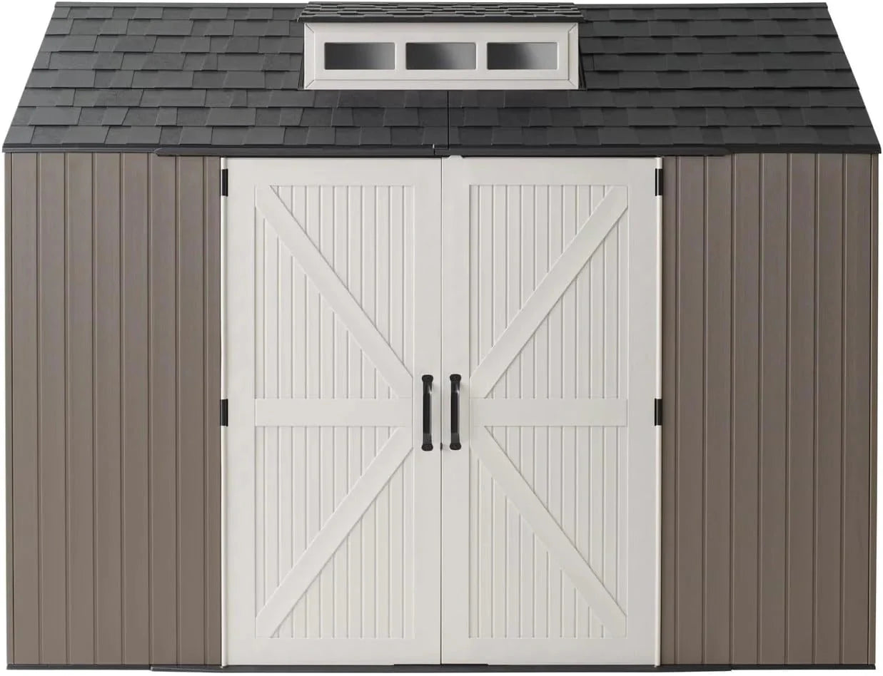 2026 Rubbermaid resin garden shed with floor (2.13 x 2.13 m), weatherproof, grey, for storing garden tools, lawnmowers, bicycles and pool accessories