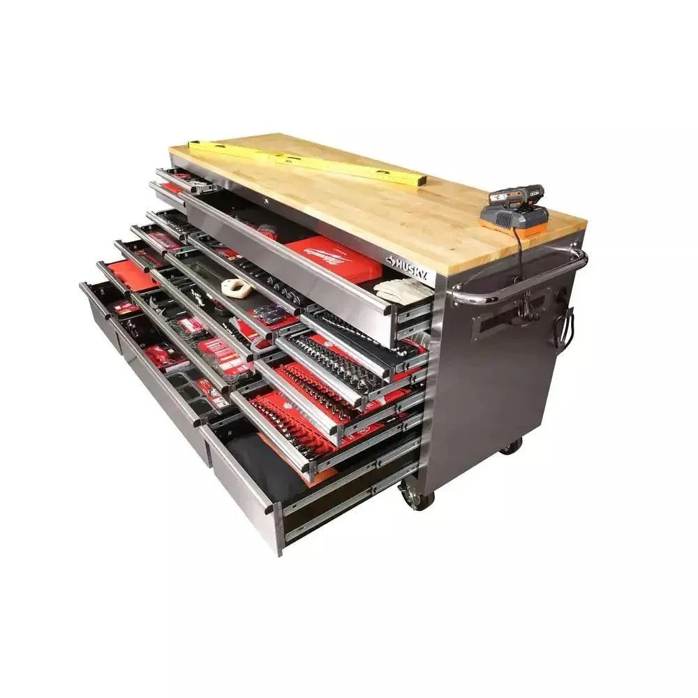 2026 72 in. 18-Drawer 24 in. D Mobile Workbench with Solid Wood Top Stainless Steel