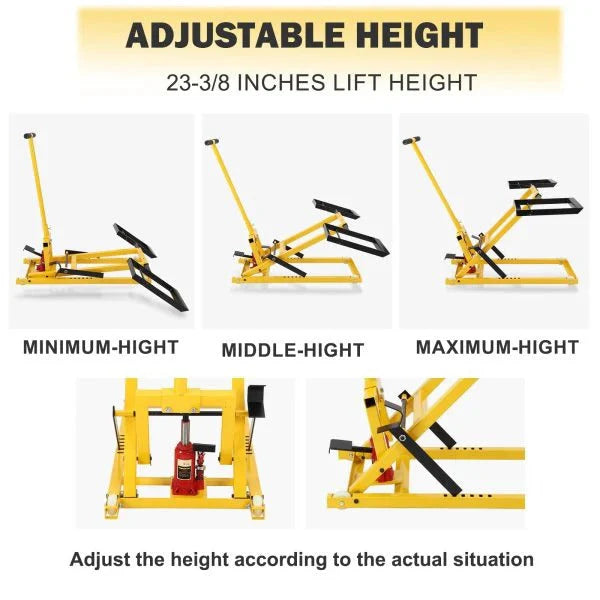 2026 Lawn mower lift with hydraulic jack, 66 cm (26 inch) lifting height, welded steel construction, lifting capacity 227 kg (500 lbs), for ride-on lawn mowers, tractors and ATVs