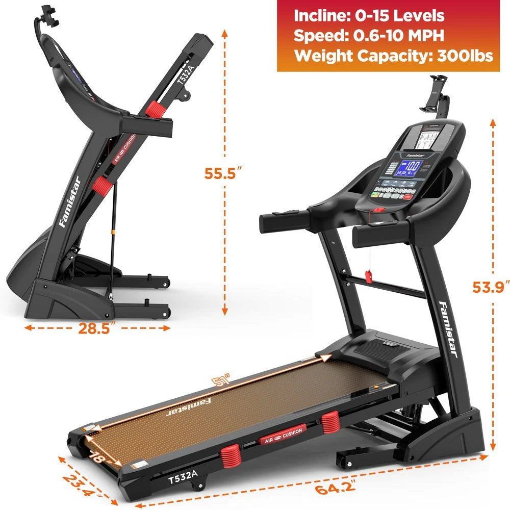 2026 Famistar Folding Treadmill for Home with 15 Levels Auto Incline, 300LB Capcity, 10MPH Fast Speed Controls