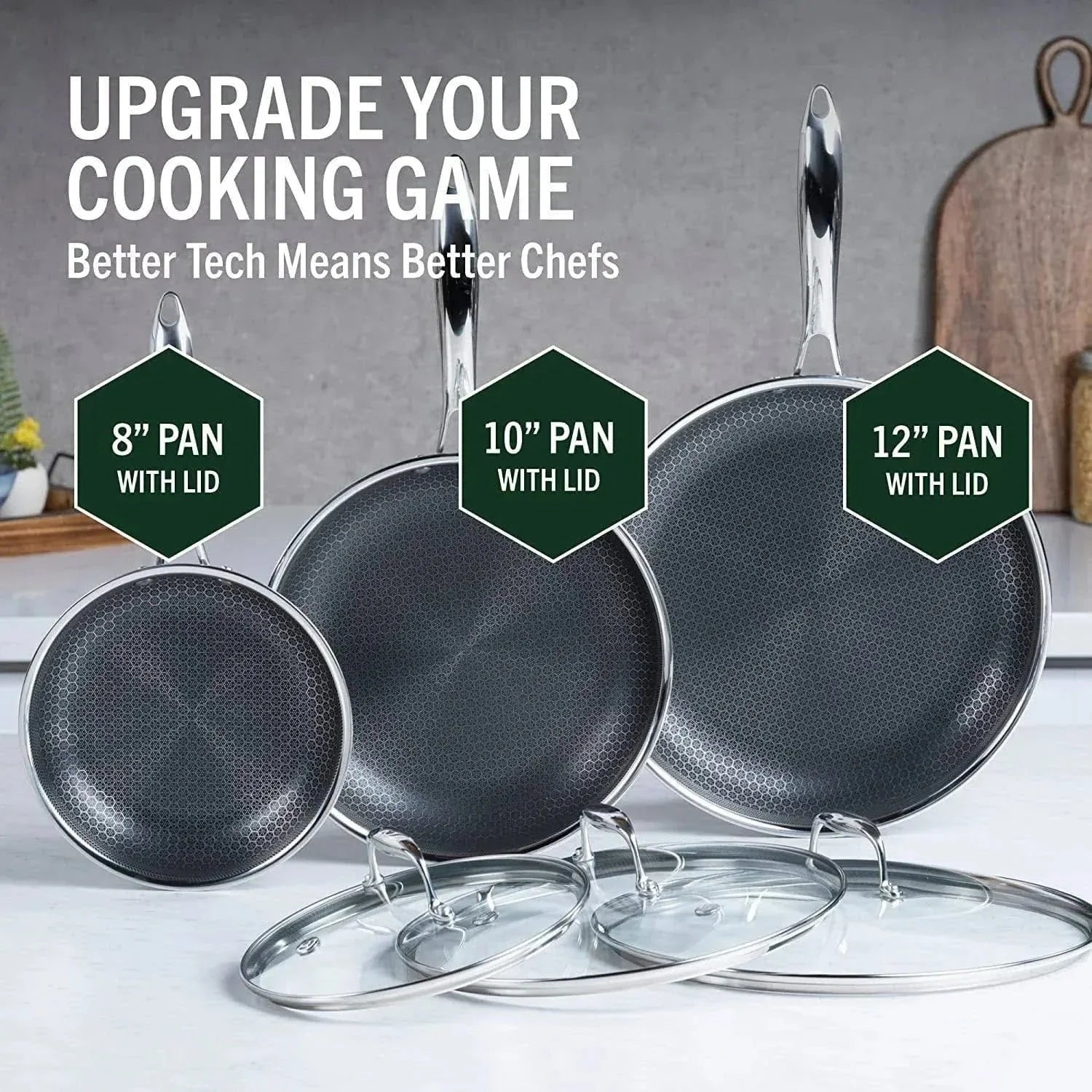 2026 HexClad 6-piece hybrid stainless steel cookware set (8 inch, 10 inch, 12 inch) with glass lids, one size, black