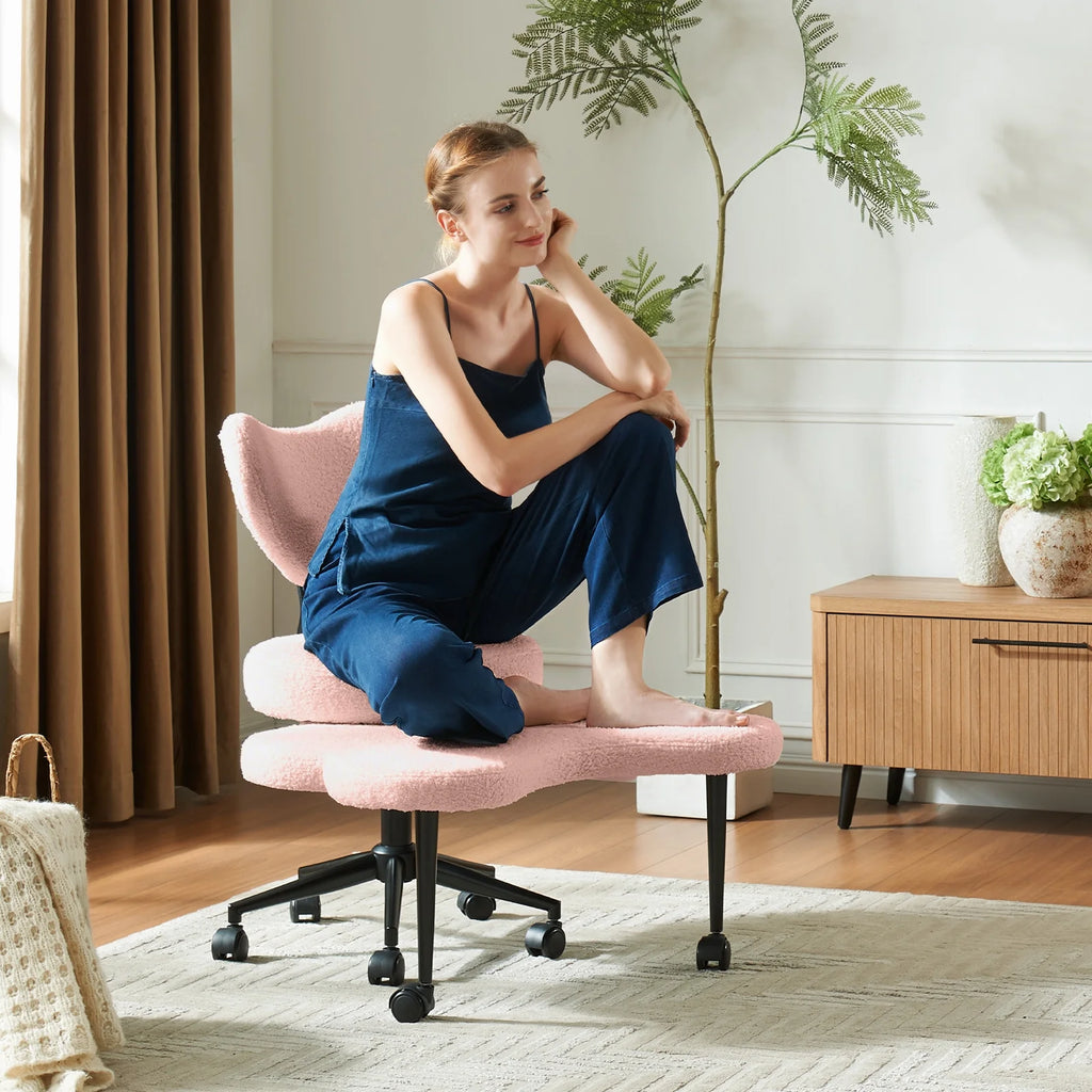 2026 Pinmoco Ergonomic Cross Legged Swivel Chair, Adjustable Height and Teddy Fabric, Meditation& ADHD Chair with Back Support, Home and Office, Off White