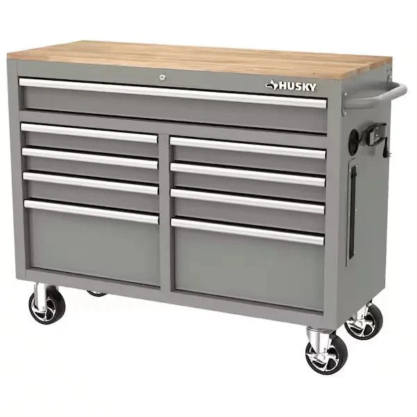 2026 Mobile workbench with 9 drawers, hardwood top and power connection, 117 cm W x 62 cm D – high-gloss black