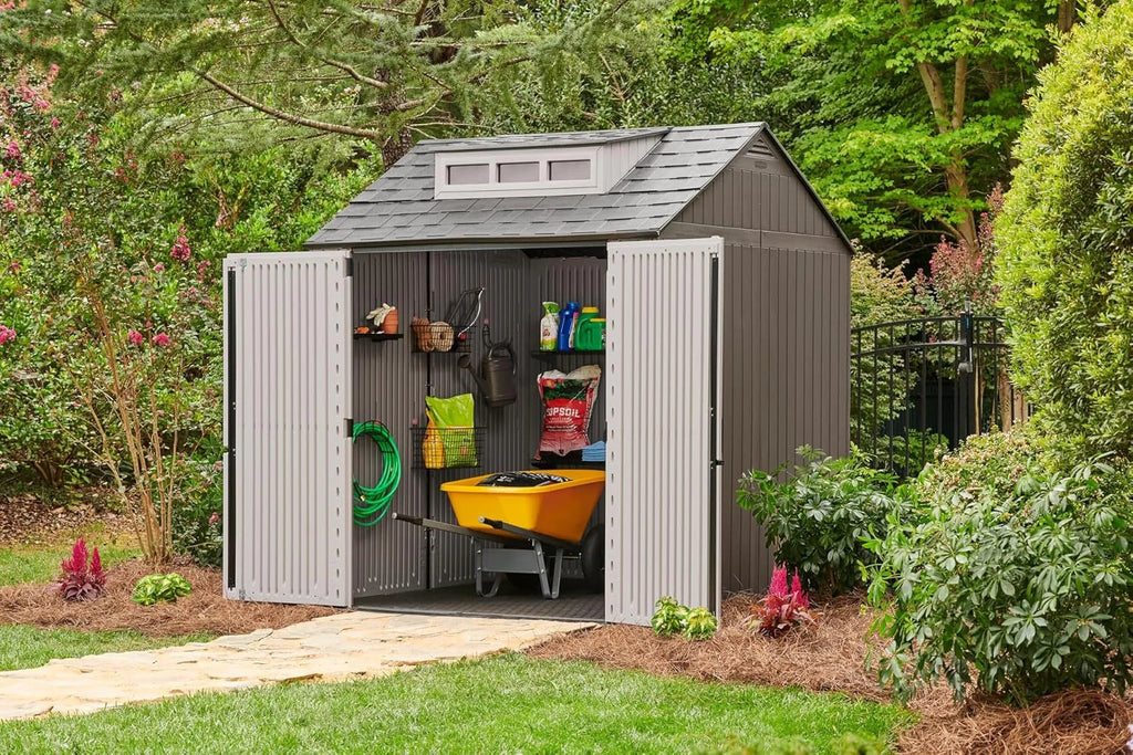 2026 Rubbermaid resin garden shed with floor (2.13 x 2.13 m), weatherproof, grey, for storing garden tools, lawnmowers, bicycles and pool accessories