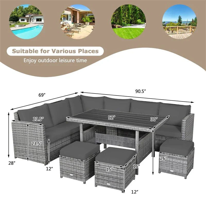 2026 7 Pcs Rattan Patio Dining Furniture Sectional Sofa Set with Dining Table, Ottomans & Cushions