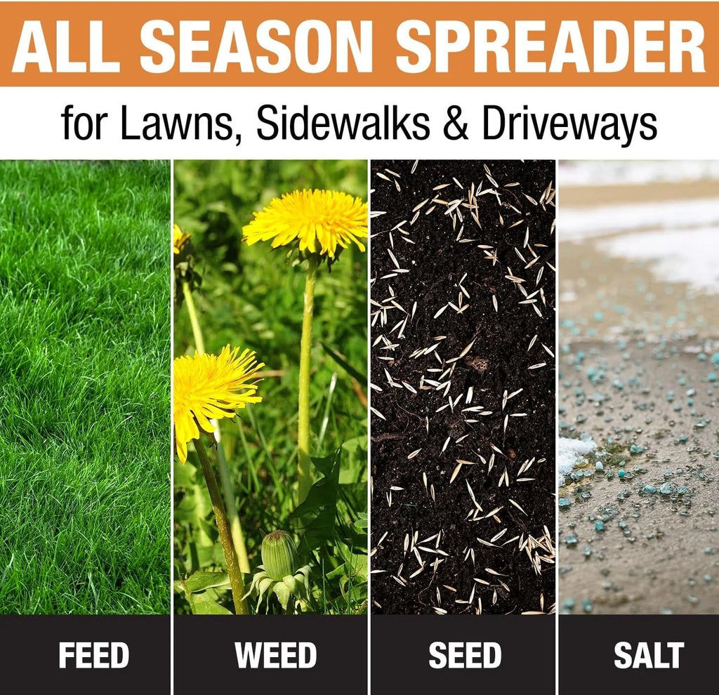 2026 Multi-purpose push-along spreader, 100 lb capacity, versatile tool for lawn seed, salt, de-icer, fertilizer and seeds