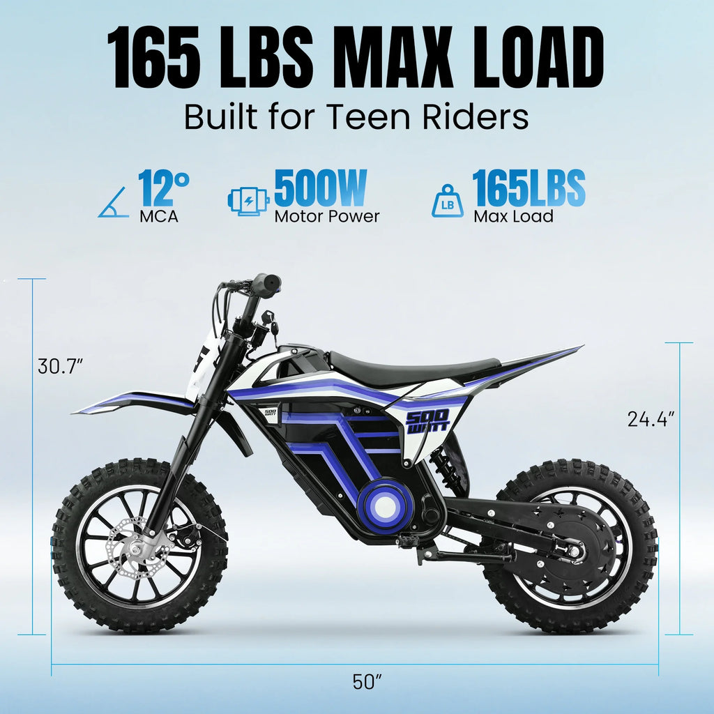 2026 QEASET electric dirt bike, 500W kids dirt bike for Boys Girls Age 8-14, Blue