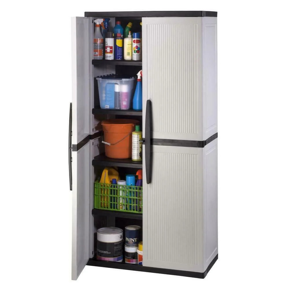 2026 Freestanding garage cabinet made of grey plastic, model 2025, 89 cm W x 180 cm H x 46 cm D, with adjustable shelves and lockable doors.