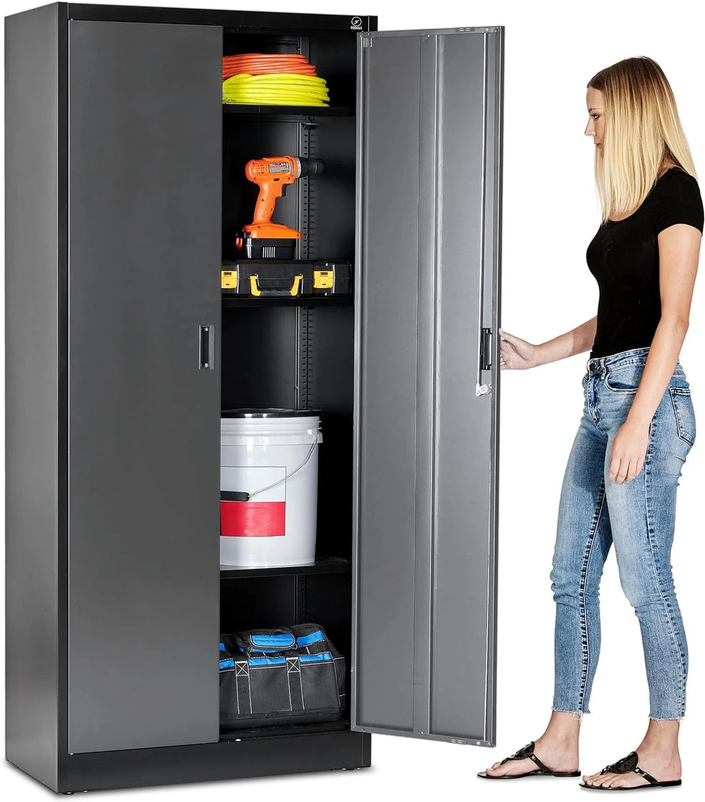 2026 Heavy Duty Metal Garage Locker - 71 "tall large steel multipurpose locker with adjustable shelves and door locks - black and silver