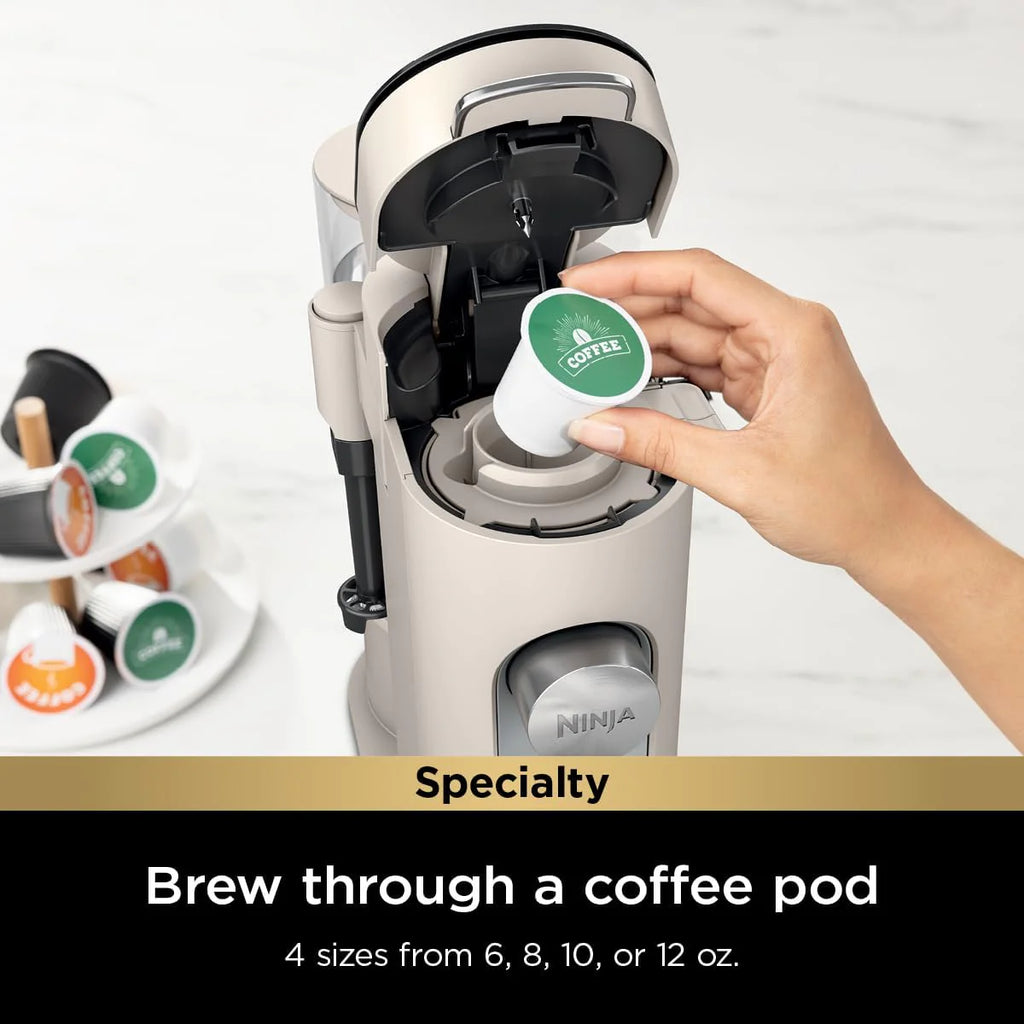 2026 Ninja Pods & Grounds Single-Serve Coffee Maker, K-Cup Pod Compatible, Brews Grounds, Compact Design, 56-oz. Reservoir, 6-oz. Cup to 24-oz. Travel Mug Brew Sizes, Iced Coffee Maker, Stone, PB041ST