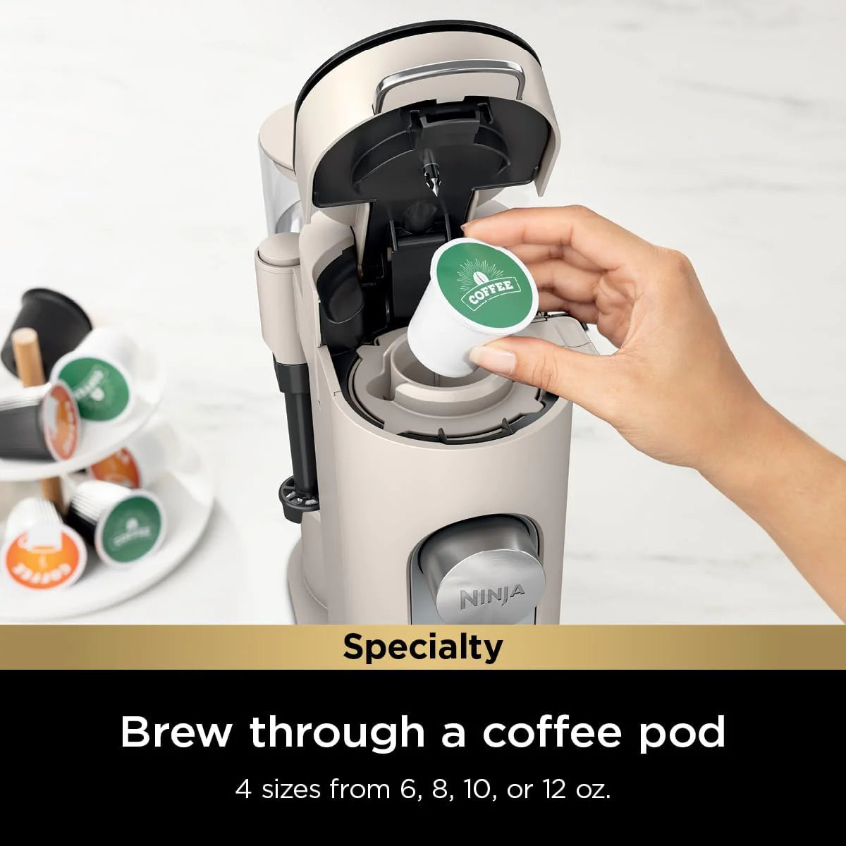 2026 Ninja Pods & Grounds Single-Serve Coffee Maker, K-Cup Pod Compatible, Brews Grounds, Compact Design, 56-oz. Reservoir, 6-oz. Cup to 24-oz. Travel Mug Brew Sizes, Iced Coffee Maker, Stone, PB041ST