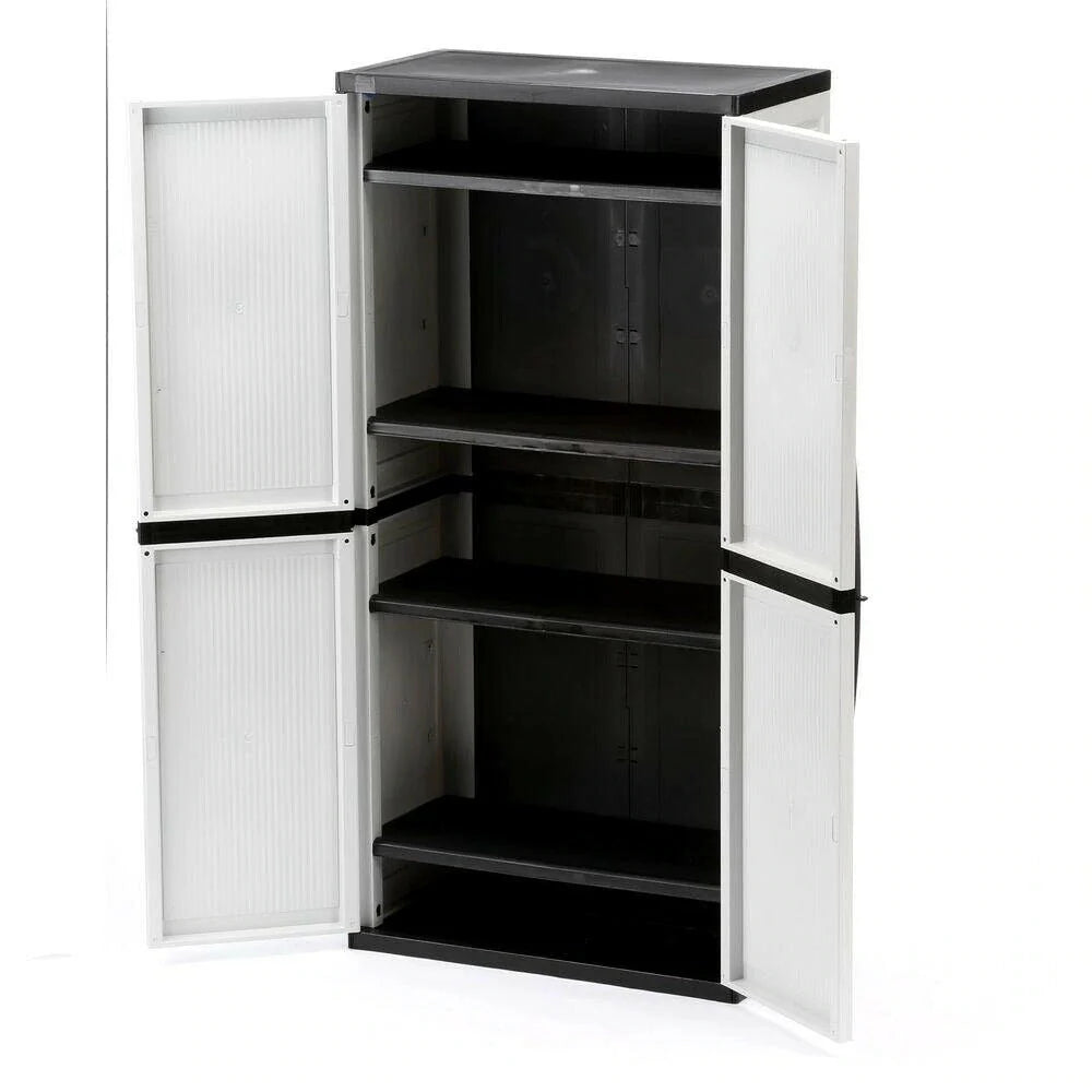 2026 Freestanding garage cabinet made of grey plastic, model 2025, 89 cm W x 180 cm H x 46 cm D, with adjustable shelves and lockable doors.