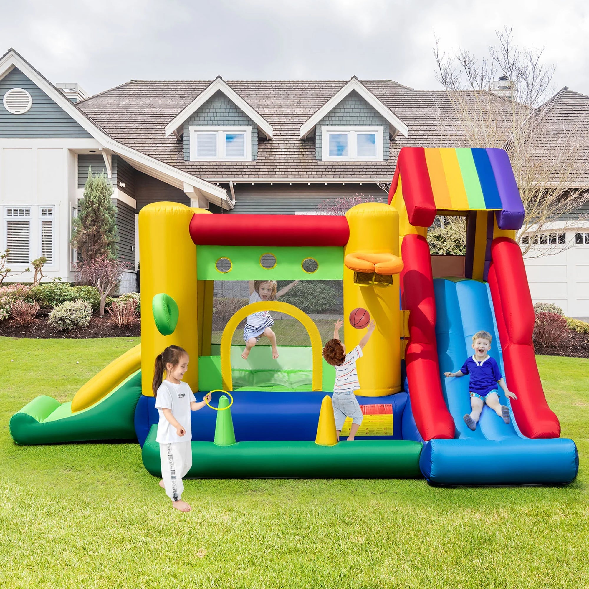 2026 Costway Colorful Rainbow Kids Inflatable Bounce Castle with 50 Ocean Balls & 735W Blower