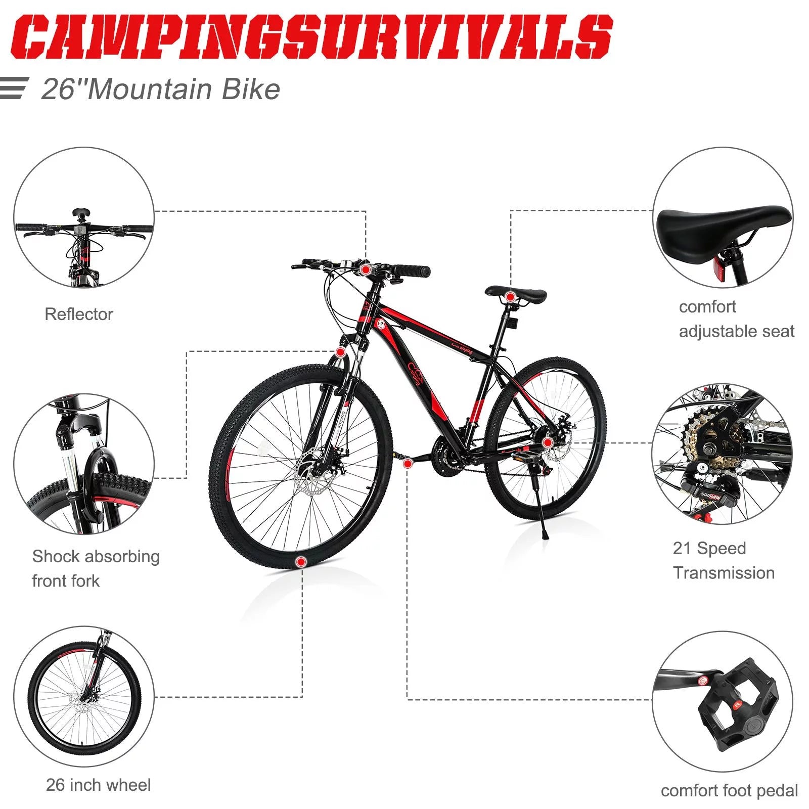 2026 CamPingSurvivals 26" Lightweight Explorer Mountain Bike, for Men and Women Exercise Fitness, 21-Speed, Red/Black