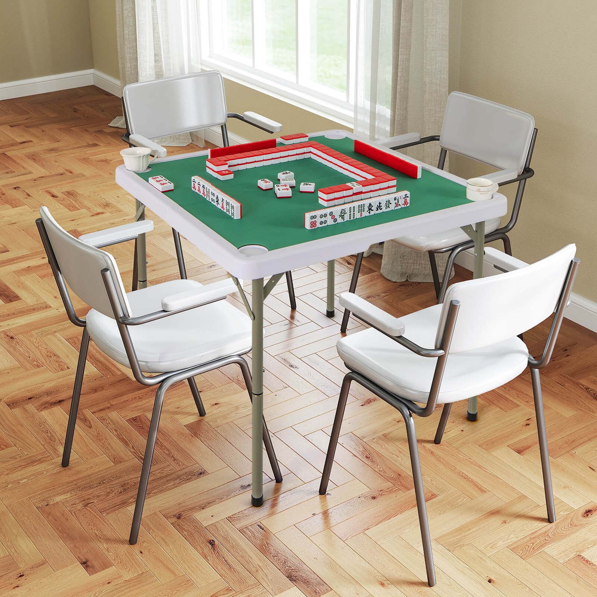 2026 Costway 35" Folding Mahjong Table with Cup Holders & Smooth Felt Mat Carrying Handle Green