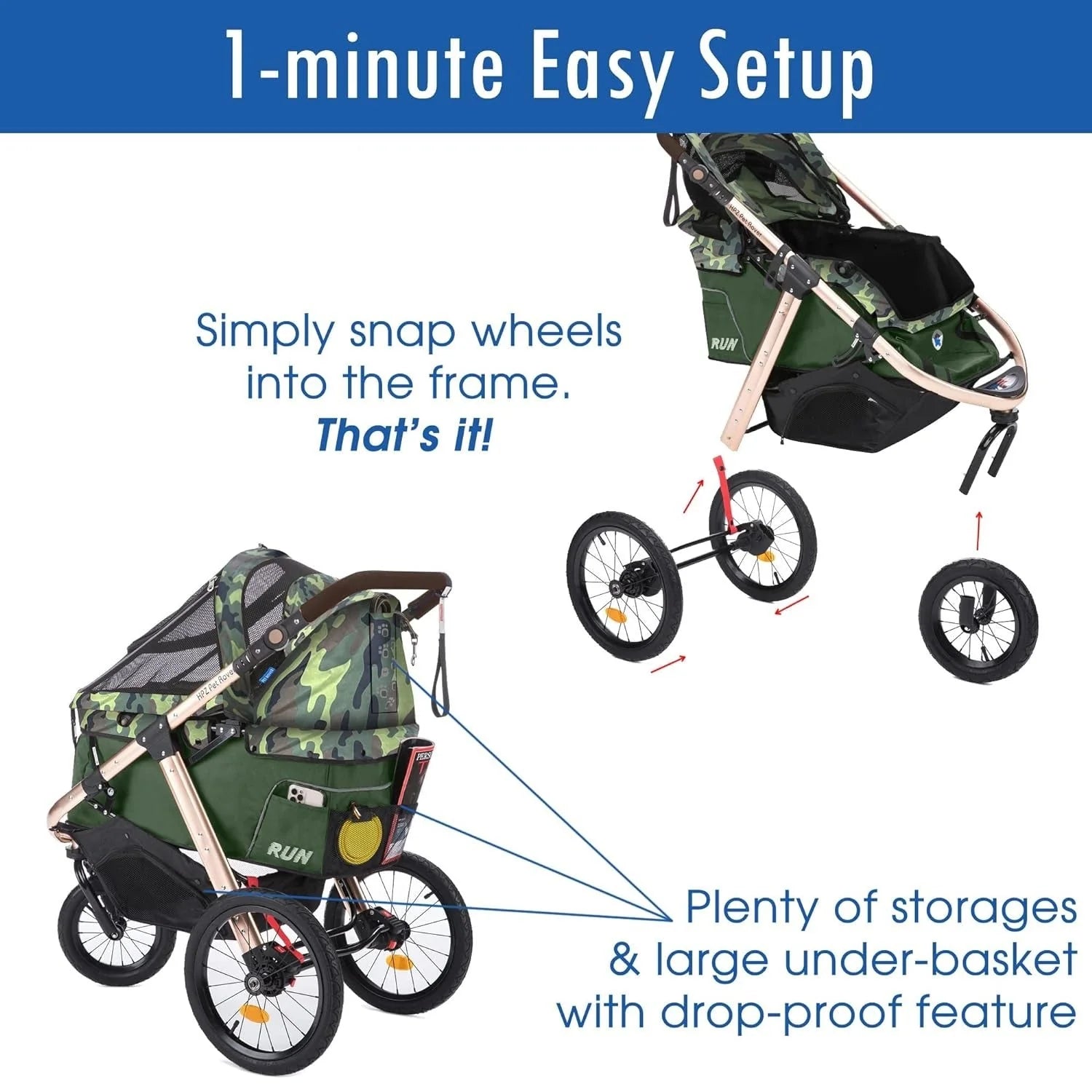 2026 Jogging Sports Stroller with Comfort Rubber Wheels/Zipper-Less Entry/1-Hand Quick Fold/Aluminum Frame for Small/Medium Dogs, Cats and Pets (Green Camo)
