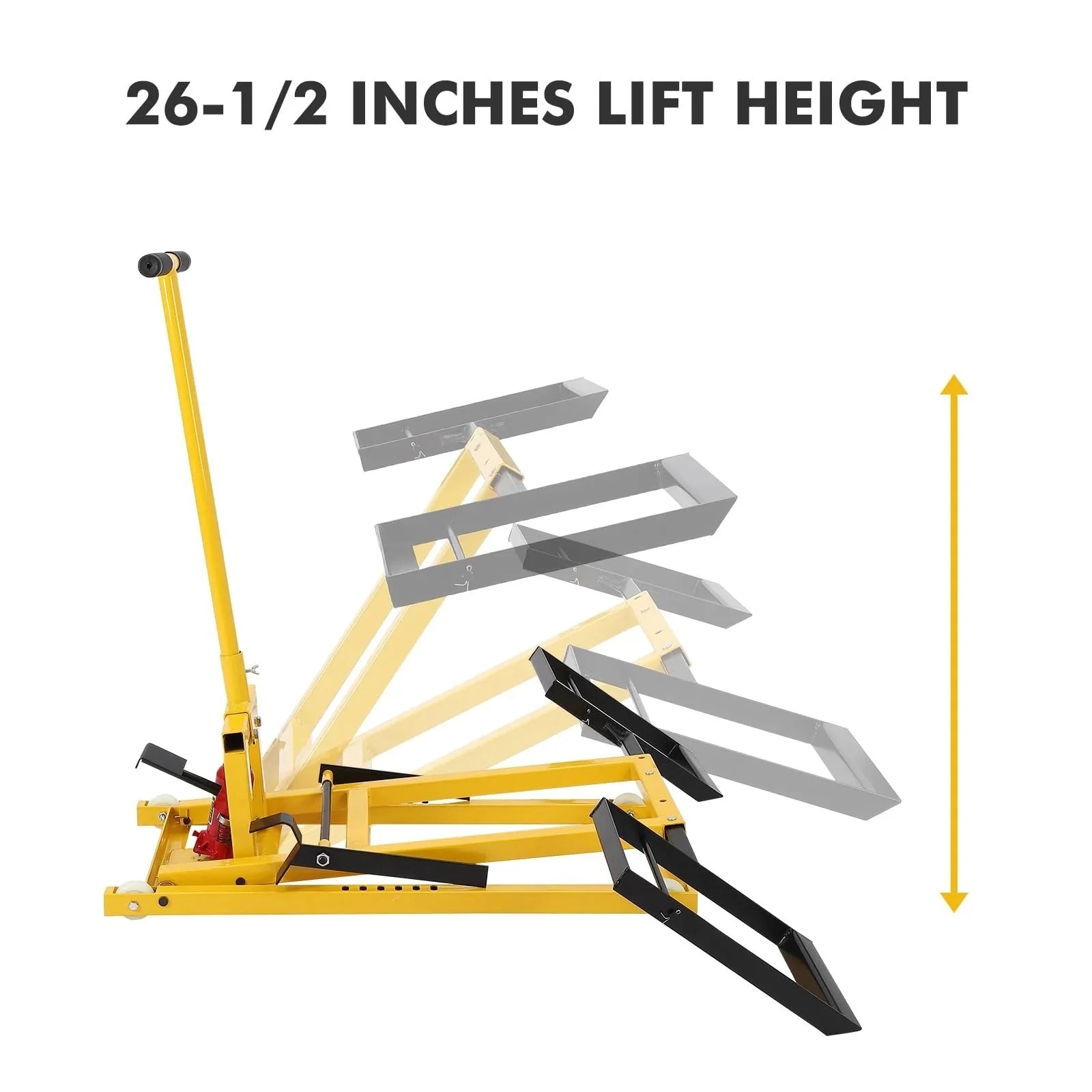 2026 Lawn mower lift with hydraulic jack, 66 cm (26 inch) lifting height, welded steel construction, lifting capacity 227 kg (500 lbs), for ride-on lawn mowers, tractors and ATVs