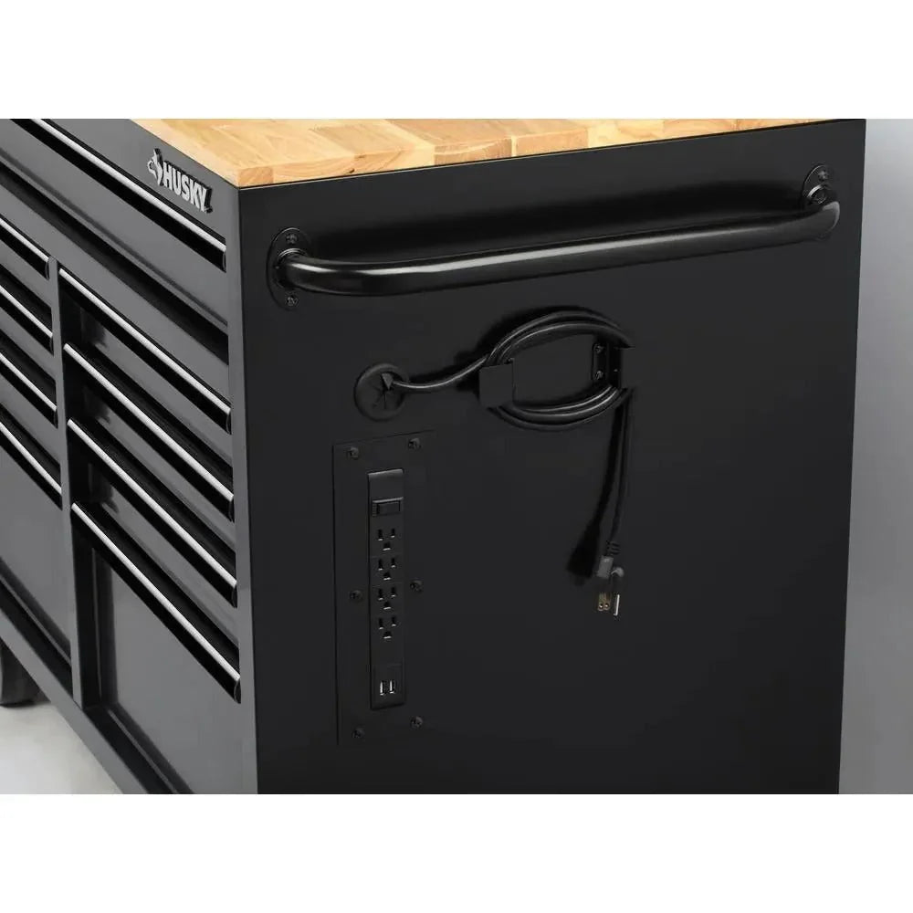 2026 Mobile workbench with 9 drawers, hardwood top and power connection, 117 cm W x 62 cm D – high-gloss black