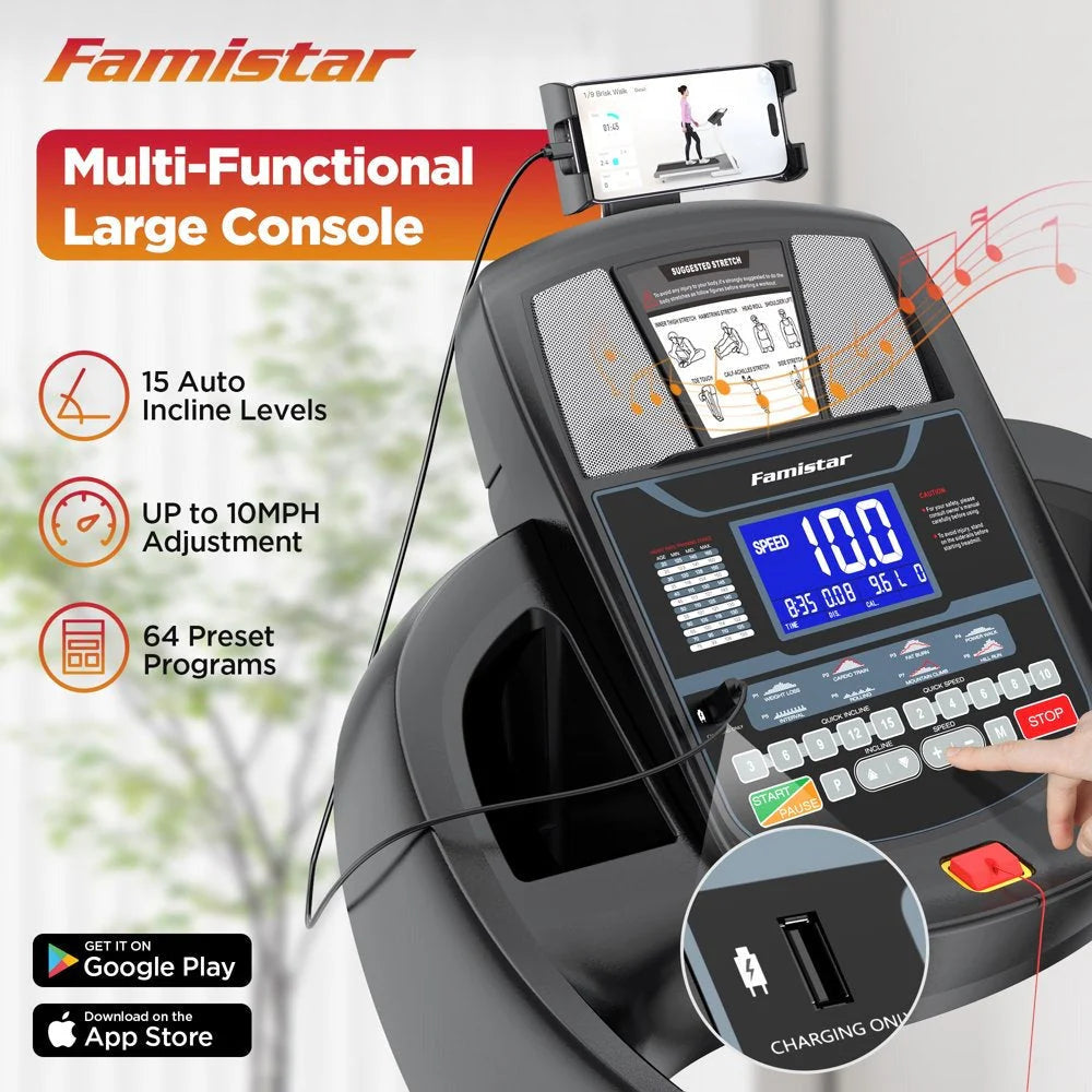 2026 Famistar Folding Treadmill for Home with 15 Levels Auto Incline, 300LB Capcity, 10MPH Fast Speed Controls