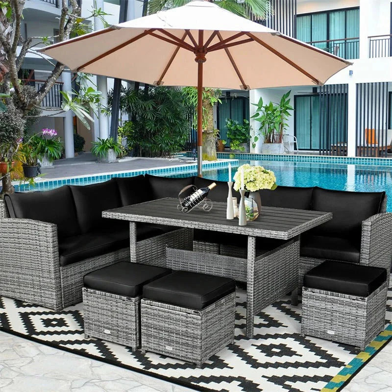 2026 7 Pcs Rattan Patio Dining Furniture Sectional Sofa Set with Dining Table, Ottomans & Cushions